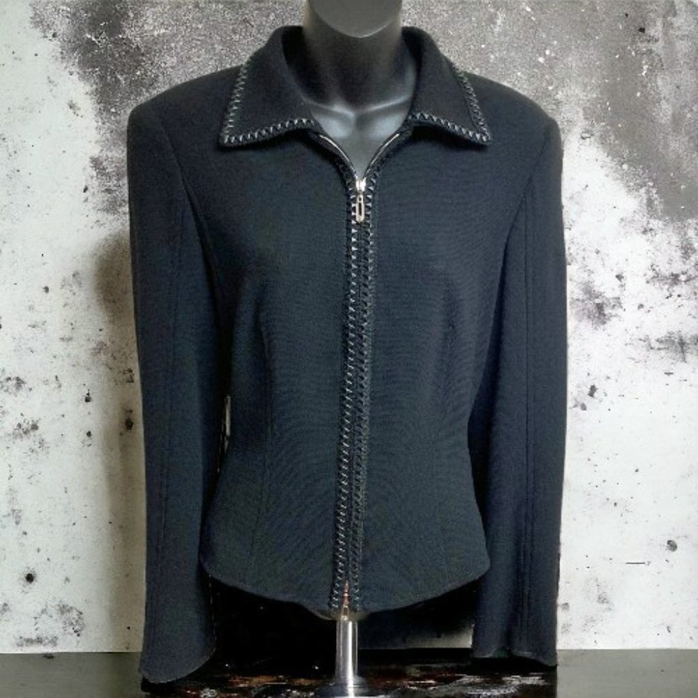 ESCADA Wool Blend Abstract Trim Vented‎ Sleeve Full Zip Blazer
